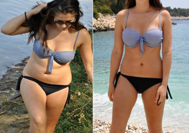 Real before and after weight loss photo of womanâs body in bikini. Unprofessional, amateur natural before and after photos, which can be used as illustrative for advertising slimming products